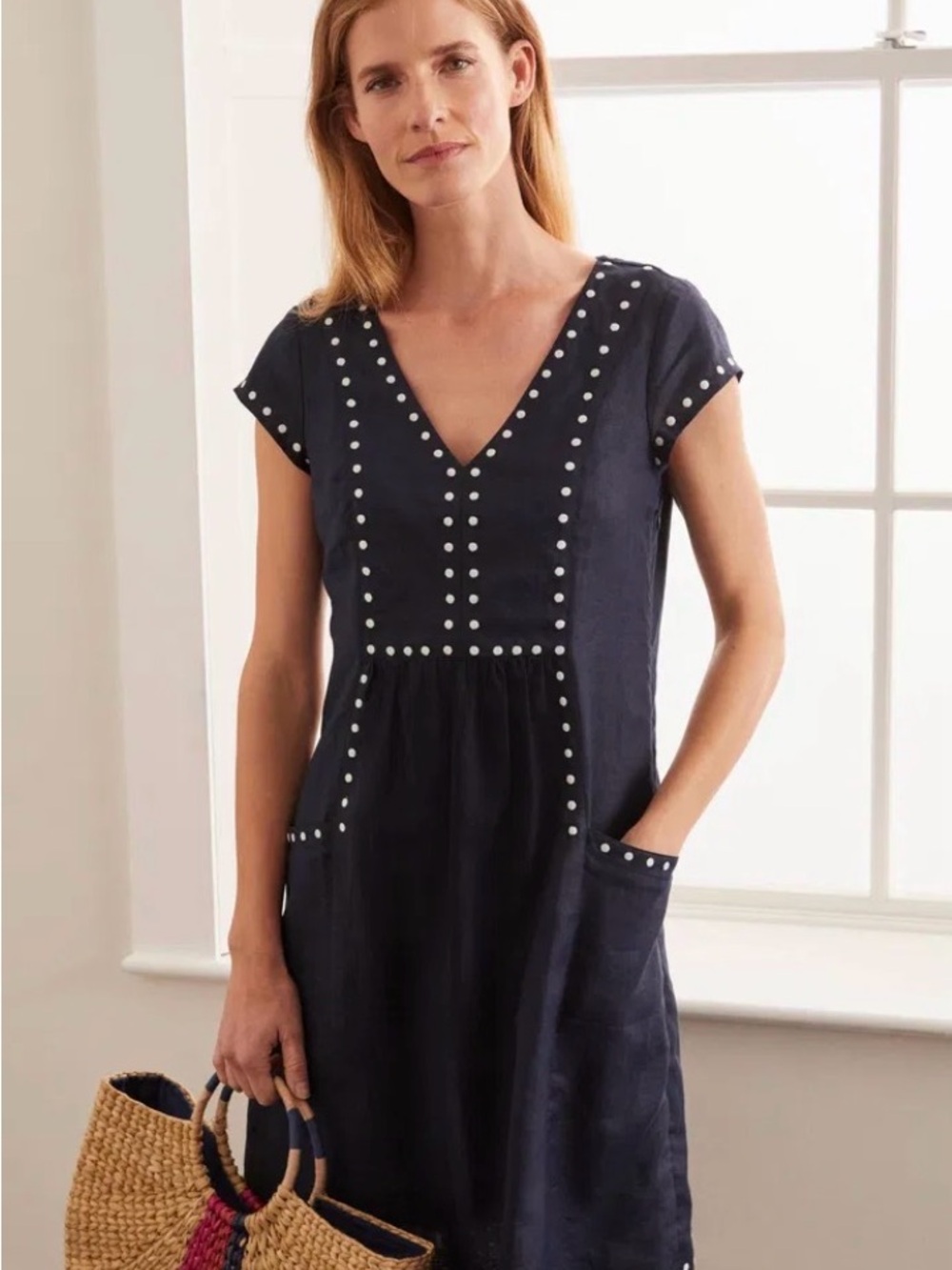 Boden Leandra Dress Navy Stud-Trim V-Neck Linen Dress